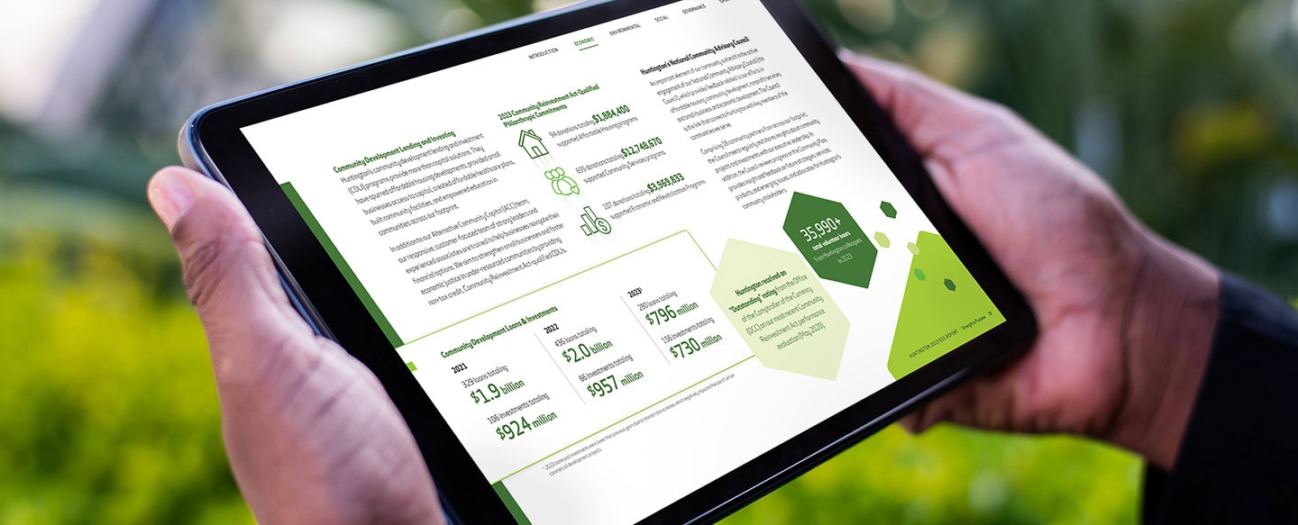 Tablet showcasing a page from Huntington's 2023 ESG Report